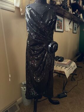 Vintage 90s Tadashi Shoji Black Sequin Evening Dress